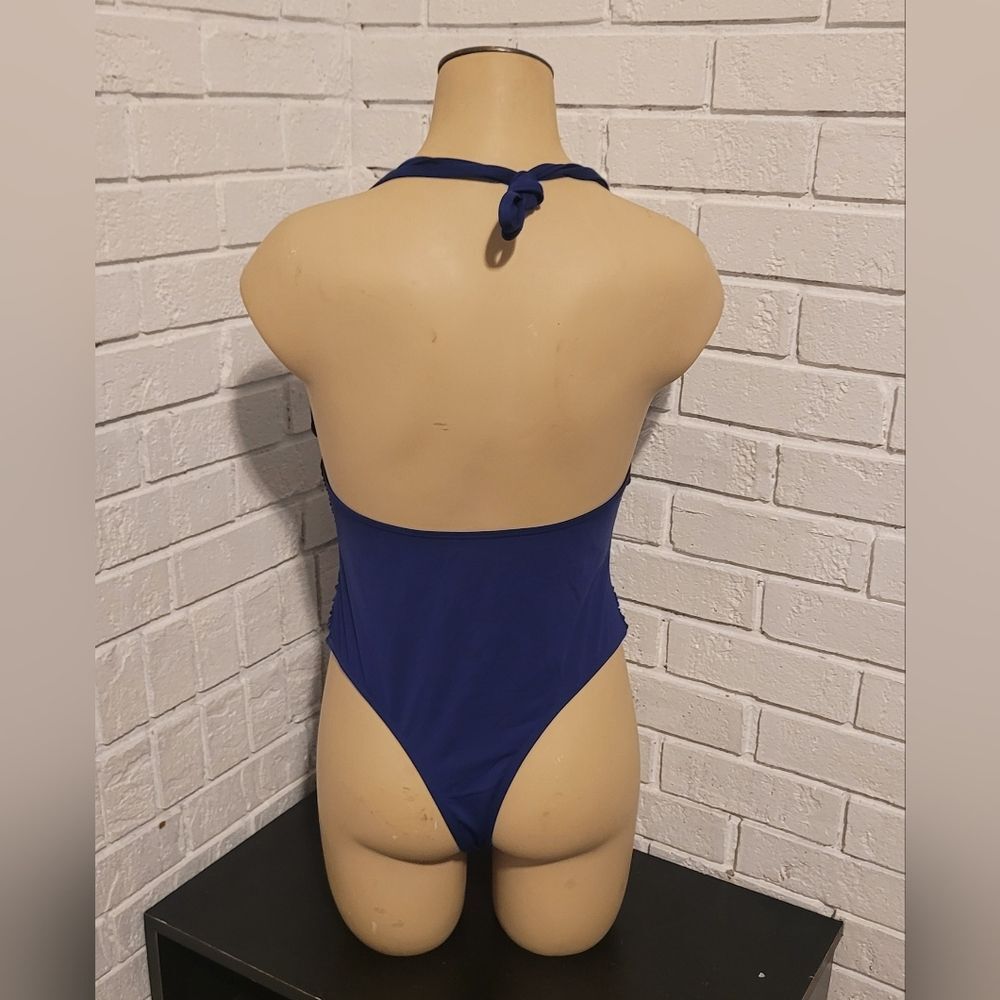 NWOT Royal Blue Ruched One-Piece Halter Swimsuit - Size Large (L) - Picture 2 of 5